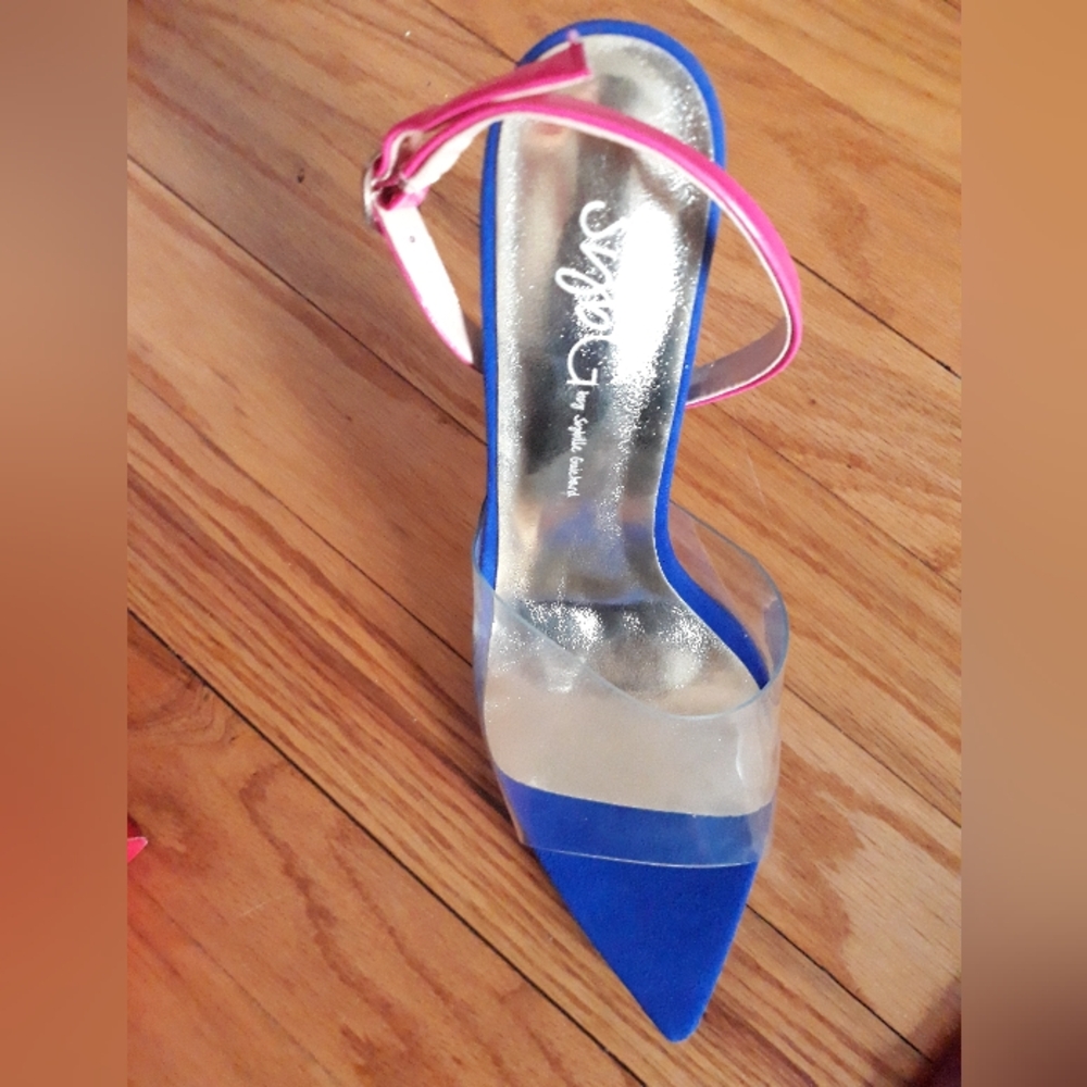 NEW Blue and Pink Women's Open Pointed Toe Heels Size 39 Blue, Pink, Gold Multi - Picture 3 of 6